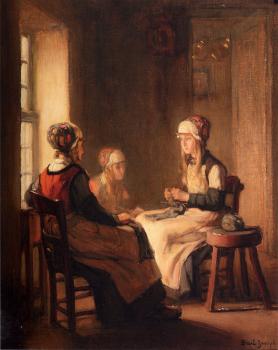 Claude Joseph Bail : A Interior With Marken Girls Knitting
